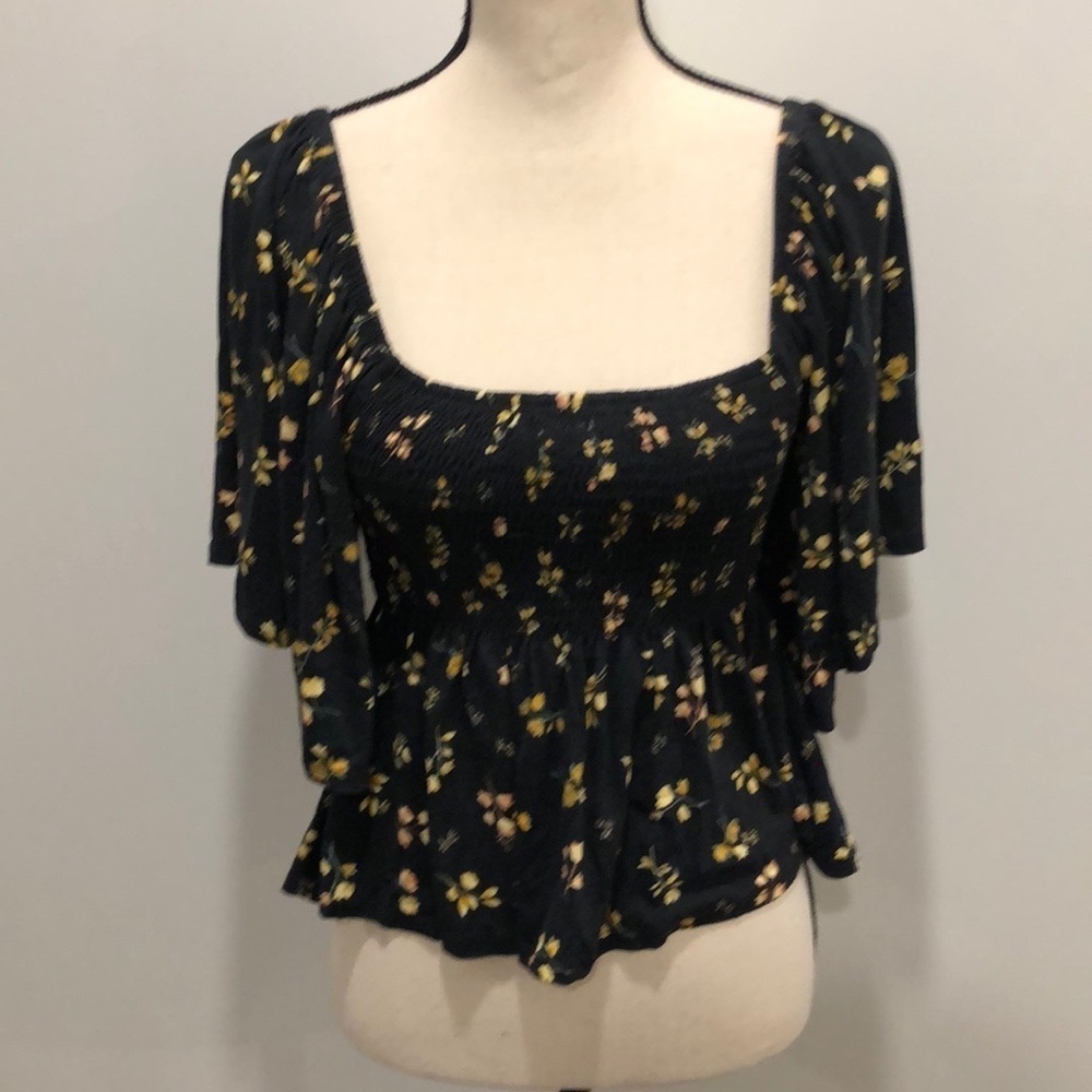 By Together top black floral smock chest butterfly sleeves size L